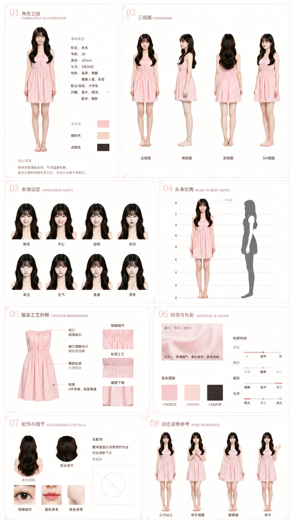 AI生成的角色设定集:正面立绘、三视图、表情设定、服装工艺一整版