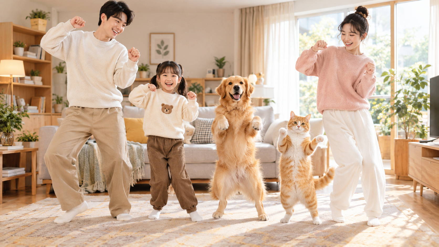 示意图:一张全家福照片变成全家和宠物一起跳舞的画面(AI 生成,非真实产出)