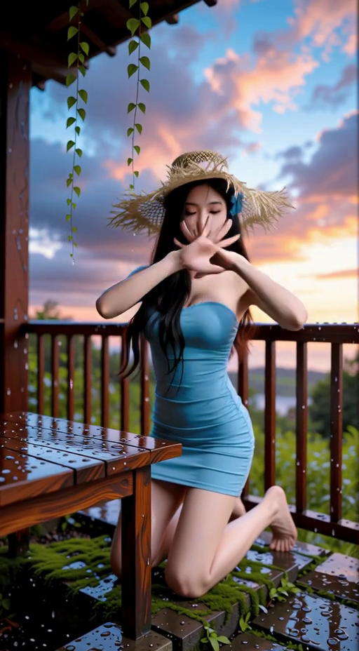 动漫风虚拟少女在黄昏庭院跳舞的视频截帧