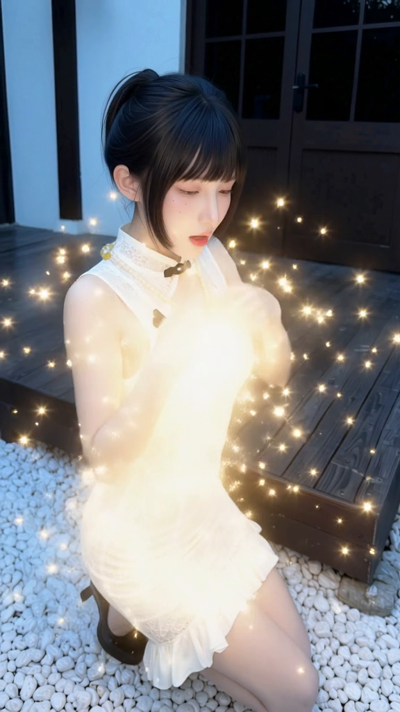 动漫首尾帧过渡:白裙少女在光粒子中变身的真实生成画面