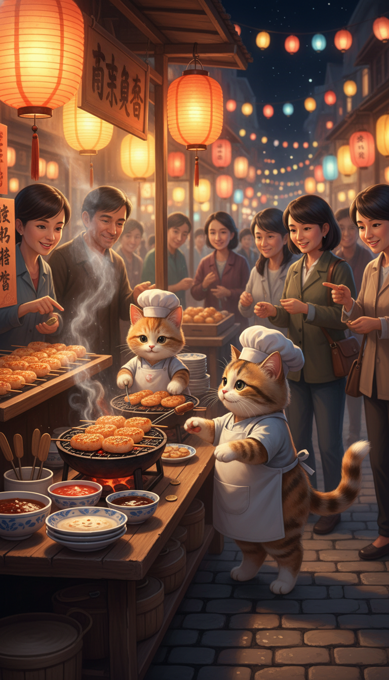 两只小猫当夜市摊主卖烤年糕的插画，来自作品中心真实任务记录